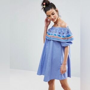 Asos Geo Tribal Embroidered Off Shoulder Sundress